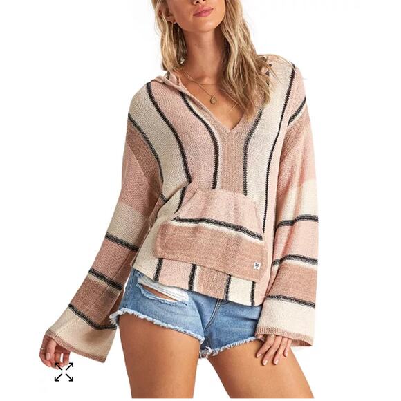 Billabong Women Knit Sweater Hooded Baja Beach Pink Stripe Size Medium - Picture 2 of 12